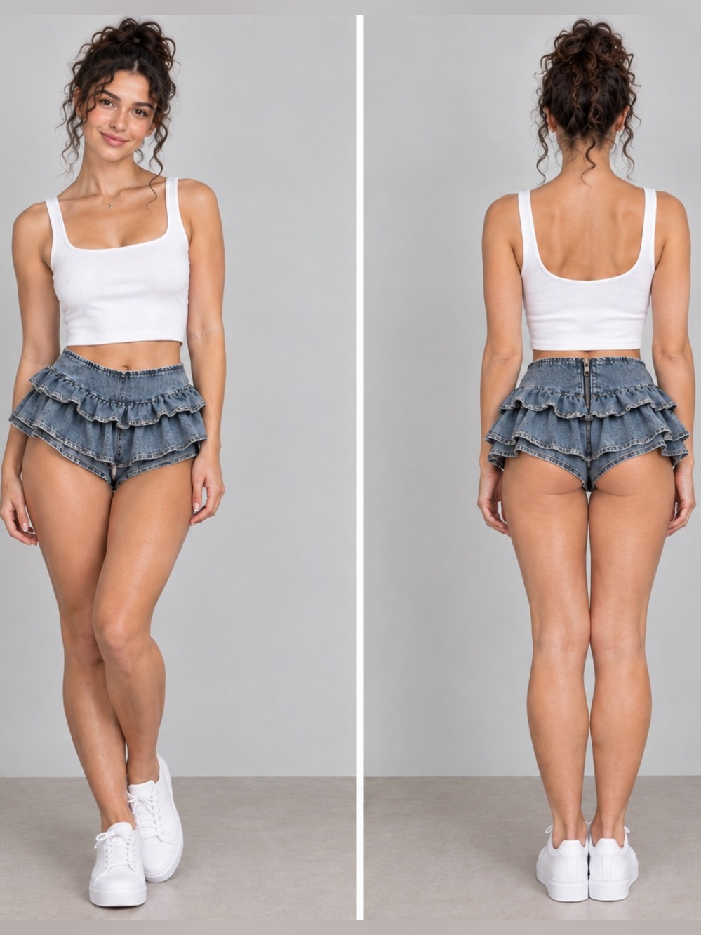Cider Medium Ruffle Mini Denim Shorts Blue Cheeky Mid Rise Back Zip
